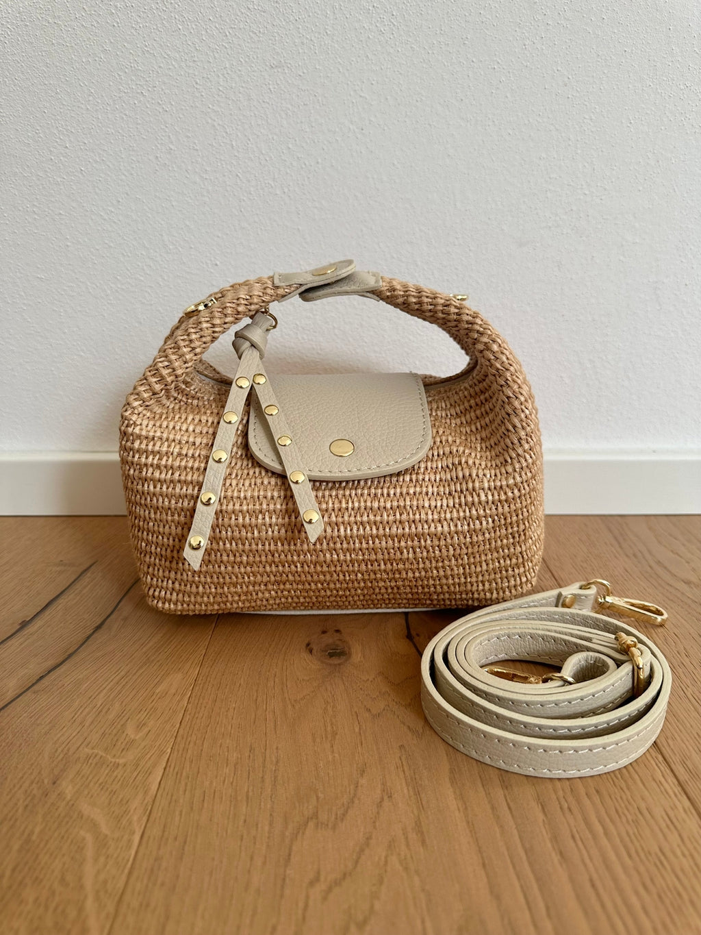 Amalfi Raffia Bag - cream leather trim