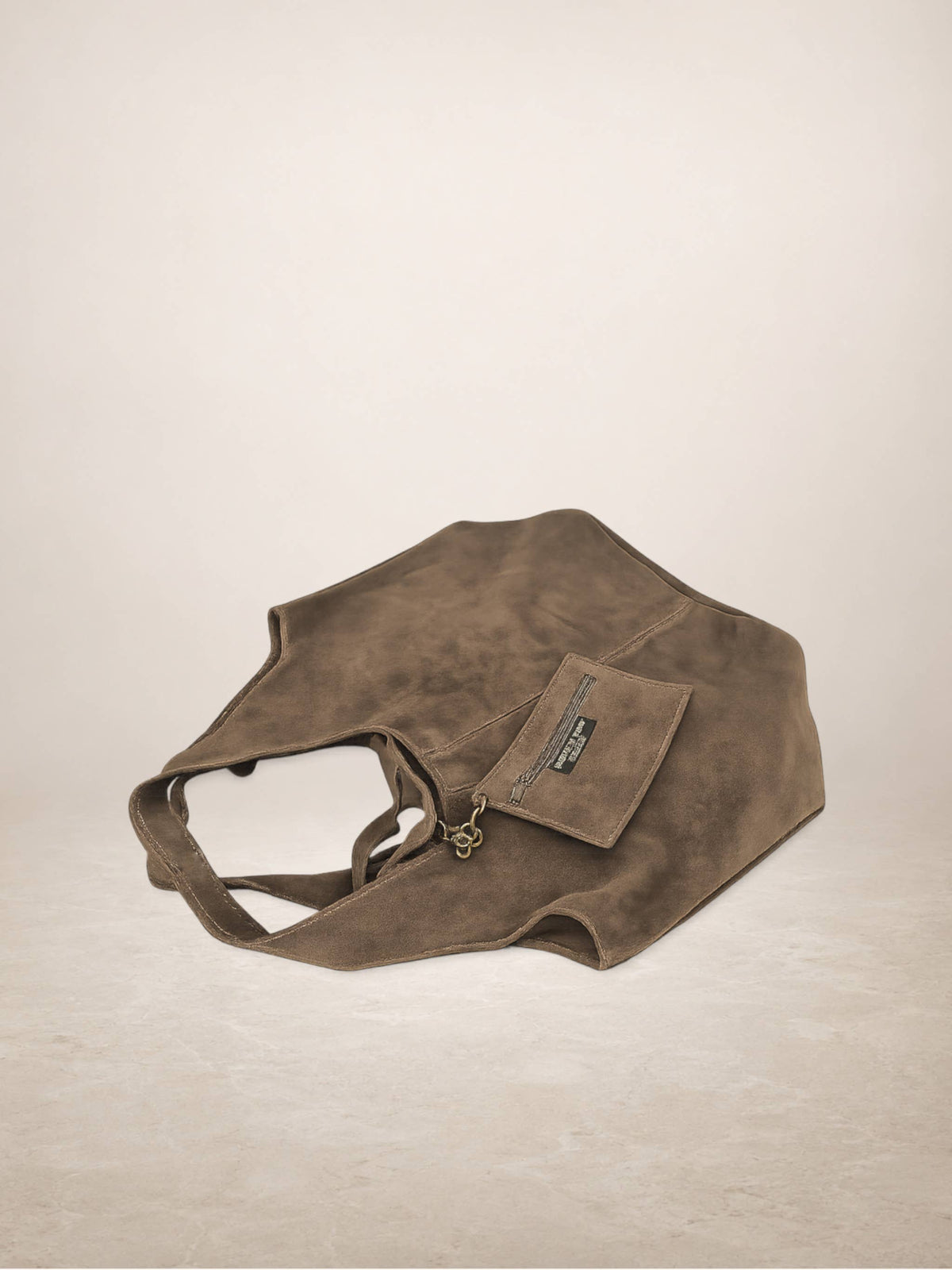 Giannina taupe suede shoulder tote styled shot