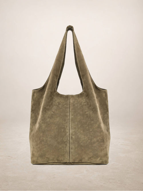 Giannina taupe suede tote side profile