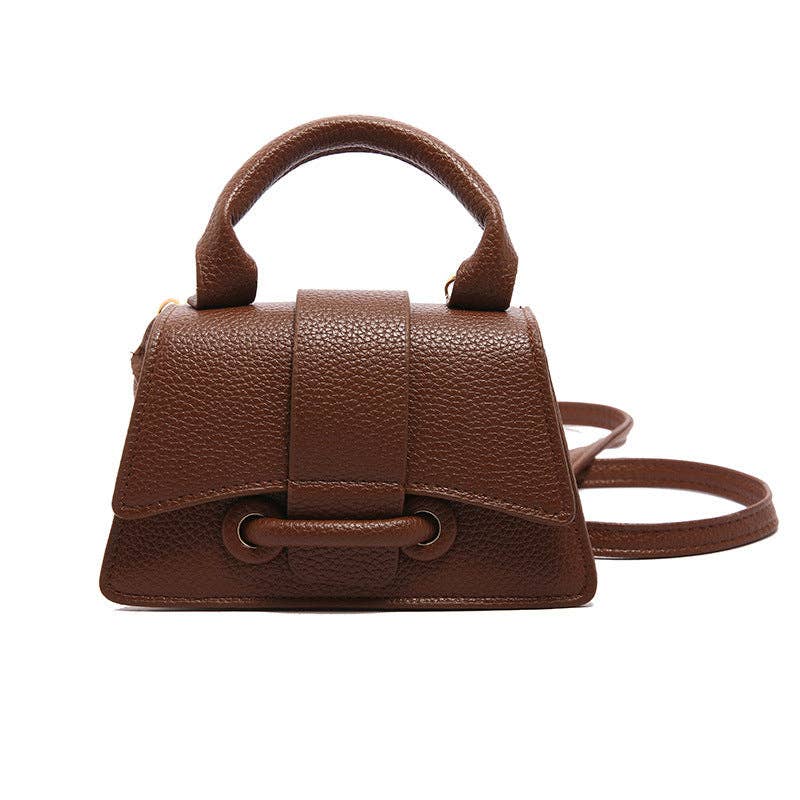 Mini flap shoulder bag in brown faux leather, front view